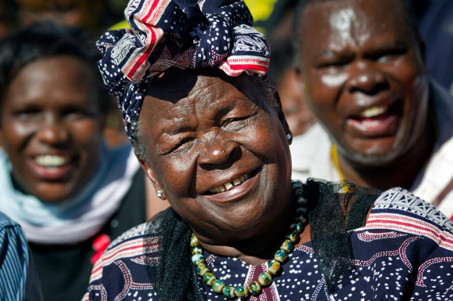 In this Wednesday, Nov. 7, 2012, file photo, Sarah Obama, step-grandmother of President Barack Obama, speaks to the media about her reaction to Obama's re-election, in the garden of her house in the village of Kogelo, western Kenya. (AP Photo/Ben Curtis, File)