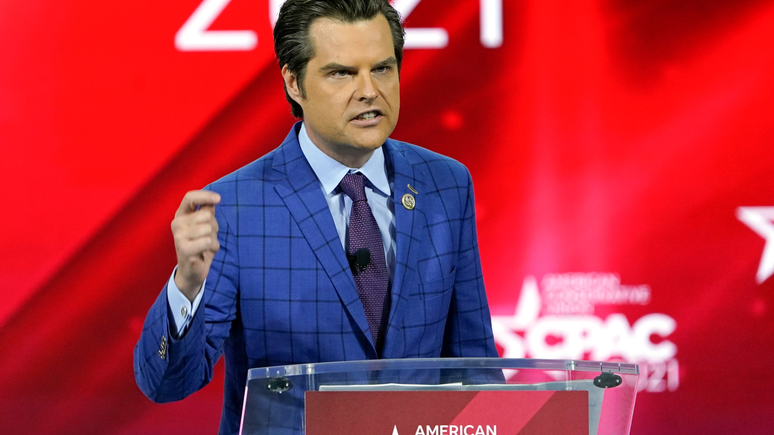 Rep. Matt Gaetz, R-Fla., speaks at the Conservative Political Action Conference (CPAC) in Orlando, Fla., on Feb. 26, 2021. (John Raoux / Associated Press)