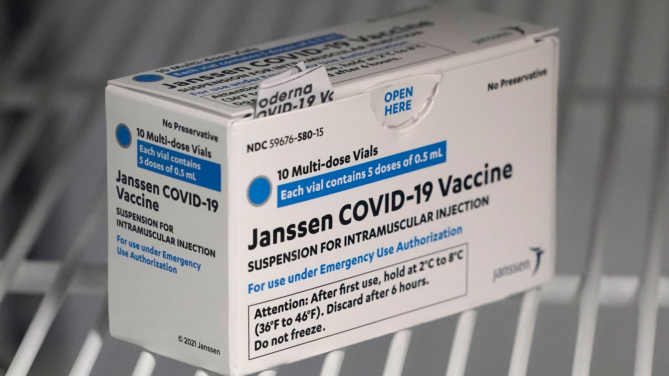 In this March 25, 2021 file photo, a box of the Johnson & Johnson COVID-19 vaccine is shown in a refrigerator at a clinic in Washington state. (AP Photo/Ted S. Warren)