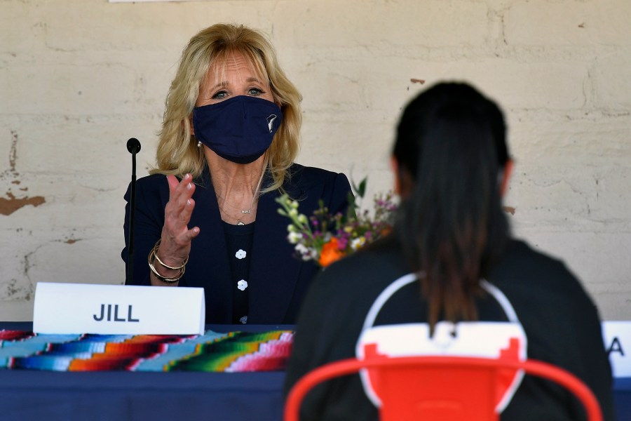 First lady Jill Biden speaks to farm workers at The Forty Acres, the first headquarters of the United Farm Workers labor union, in Delano, Calif., on March 31, 2021. (Mandel Ngan/Pool via AP)