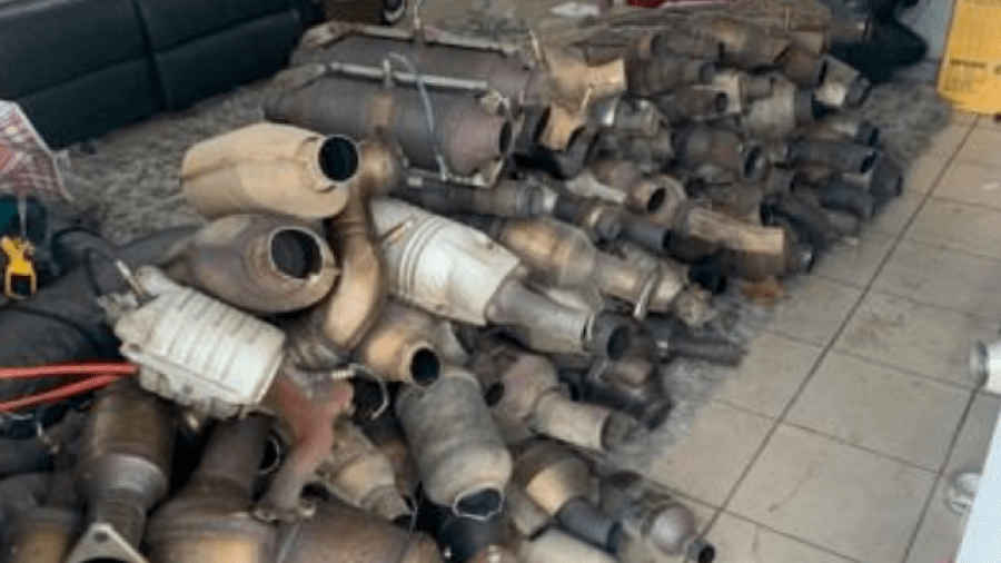 Recovered catalytic converters are seen in a photo released by the San Bernardino Police Department on March 13, 2021.