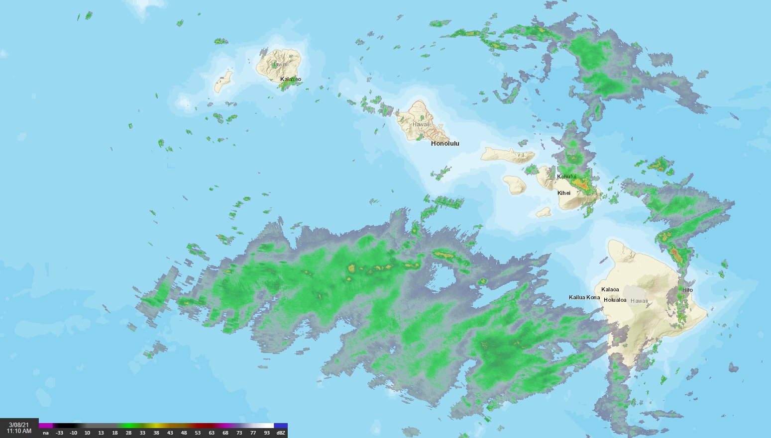 The National Weather Service issued a flash flood watch for all Hawaiian Islands on March 8, 2021 to last until the next night as an upper level disturbance interacts with tropical moisture moving in from the south and east. (The National Weather Service)