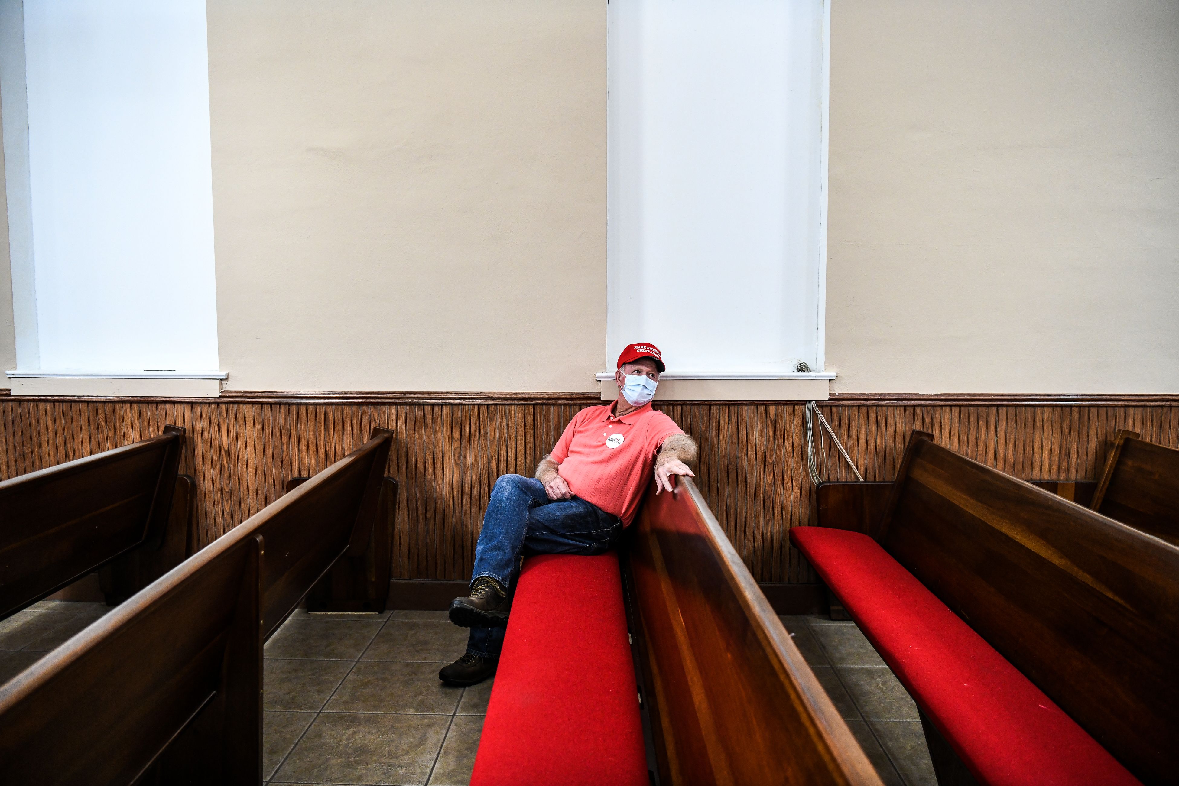 A Supporter of Republican party wears a facemask as he attends a meeting of the local Republican party at Winston County courthouse in Double Springs, Alabama on Oct. 12, 2020. (CHANDAN KHANNA/AFP via Getty Images)