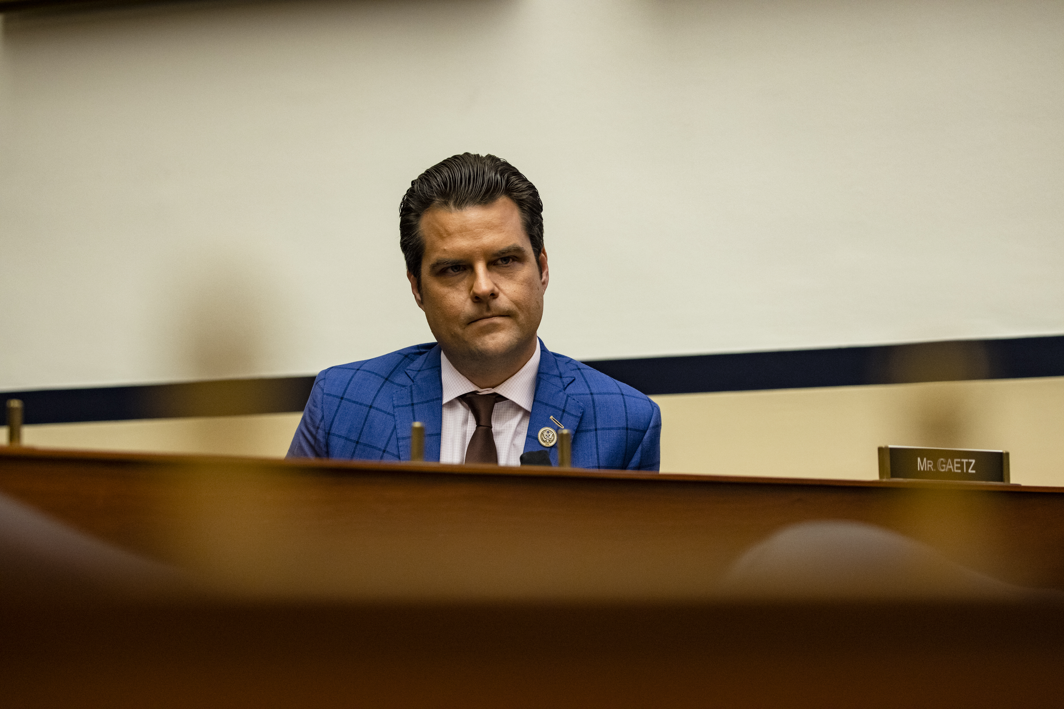 Rep. Matt Gaetz (R-FL) is seen during a House Armed Services Subcommittee hearing with members of the Fort Hood Independent Review Committee on Capitol Hill on Dec. 9, 2020. (Samuel Corum / Getty Images)