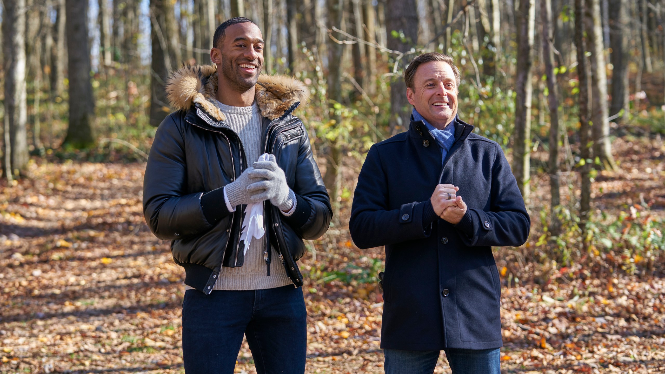 “The Bachelor” star Matt James, left, and host Chris Harrison are seen in an undated photo. (Craig Sjodin via Getty Images)