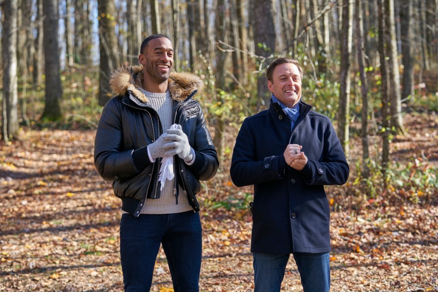 “The Bachelor” star Matt James, left, and host Chris Harrison are seen in an undated photo. (Craig Sjodin via Getty Images)