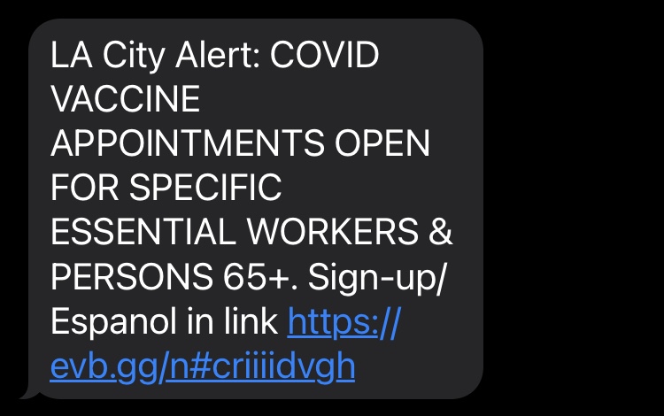 A screenshot shows an emergency notification sent by the city of L.A. on March, 9, 2021.