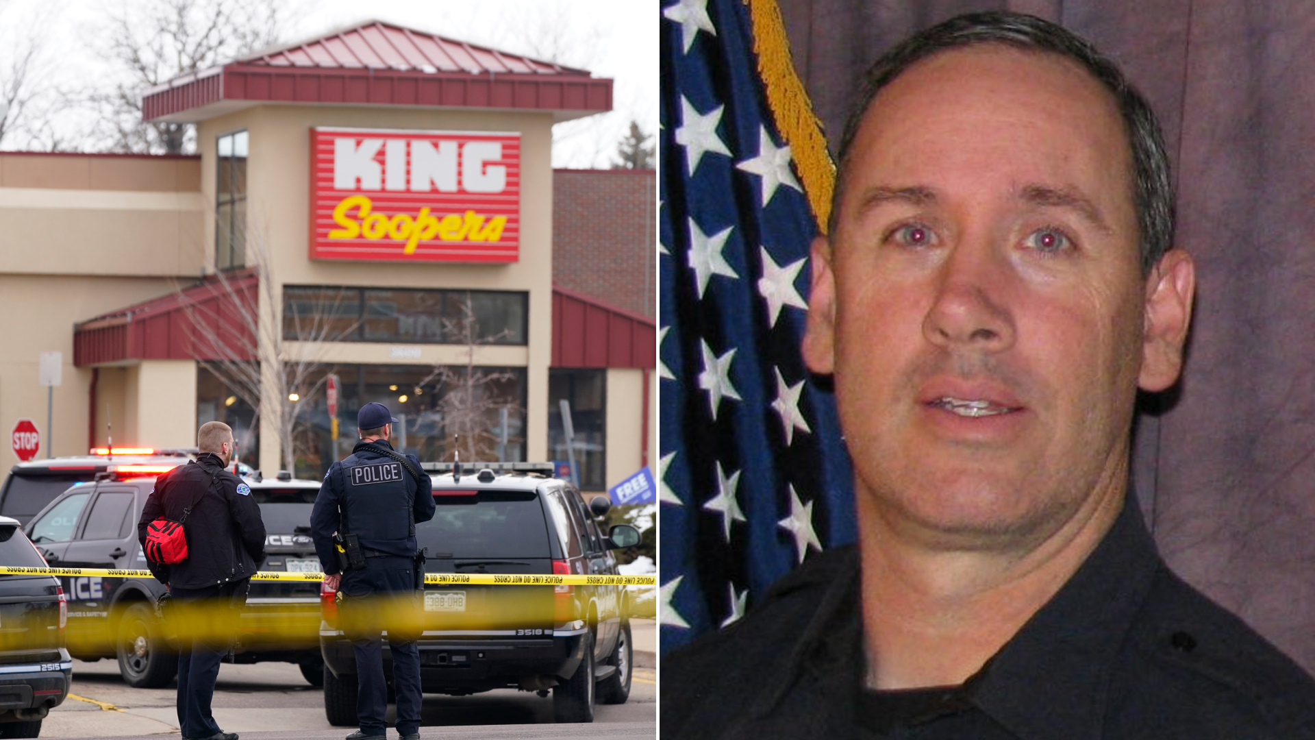 This composite image shows, at right, Boulder police Officer Eric Talley in an image released by the Police Department. At left, police work on the scene outside of a King Soopers grocery store after the shooting that left Talley and nine others dead in Boulder on March 22, 2021. (David Zalubowski / Associated Press)