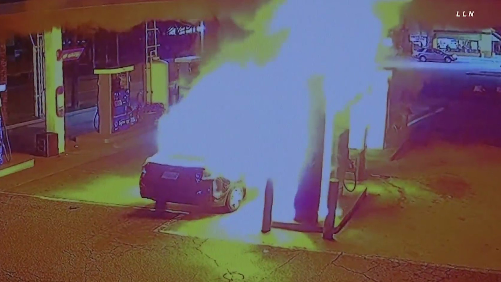 Surveillance video shows a car in flames at a gas station in Baldwin Park on March 29, 2021. (Loud Labs)