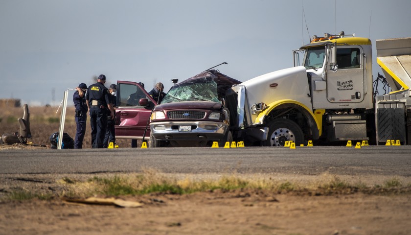 Twenty-five people were crammed into the Ford Expedition when it collided with a big rig in Imperial County on March 2, 2021. (Gina Ferazzi/ Los Angeles Times)