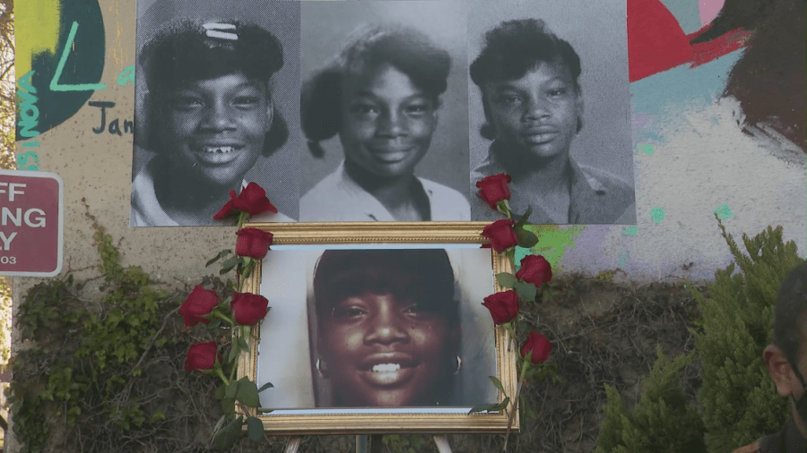 Undated photos of Latasha Harlins are shown during a news conference on March 16, 2021. (KTLA)