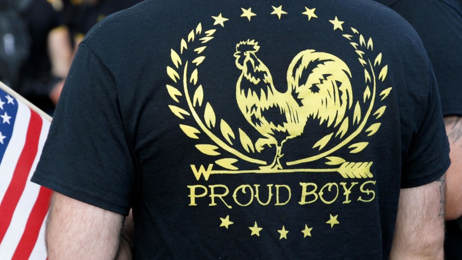 A member of the far-right Proud Boys group marches during a rally at Tom McCall Waterfront Park in Portland, Oregon, on Aug. 17, 2019. (John Rudoff / AFP / Getty Images)