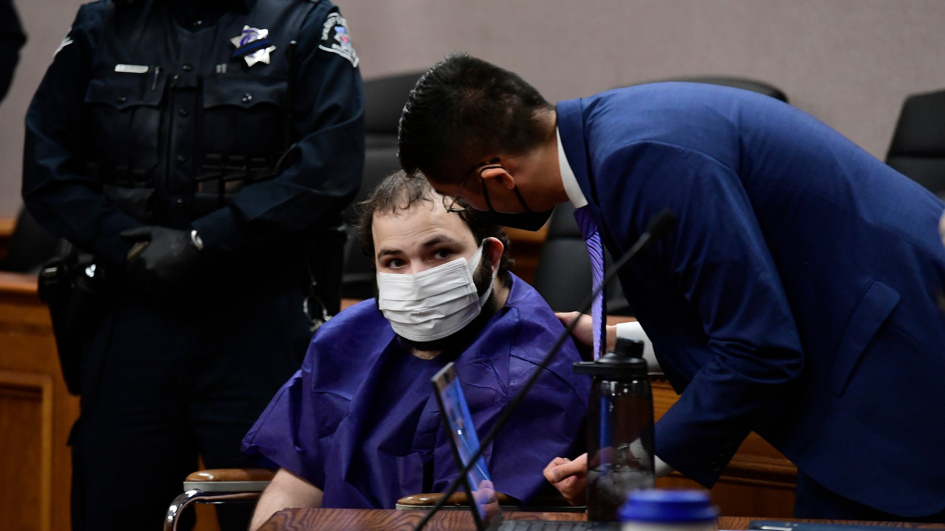 Ahmad Al Aliwi Alissa, 21, appears before Boulder District Court Judge Thomas Mulvahill at the Boulder County Justice Center in Boulder, Colo. on March 25, 2021. (Helen H. Richardson/The Denver Post via AP, Pool)