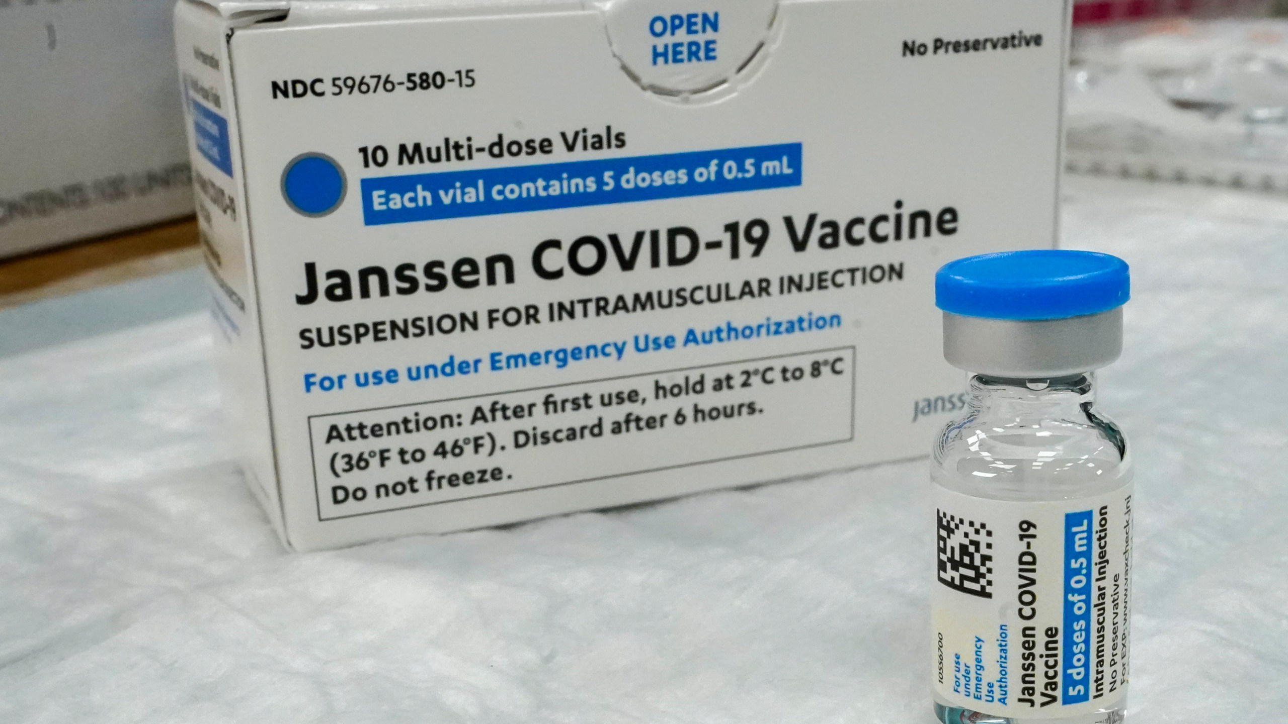 In this Thursday, April 8, 2021 file photo, the Johnson & Johnson COVID-19 vaccine sits on a table at a pop up vaccinations site the Albanian Islamic Cultural Center, in the Staten Island borough of New York. (AP Photo/Mary Altaffer, File)