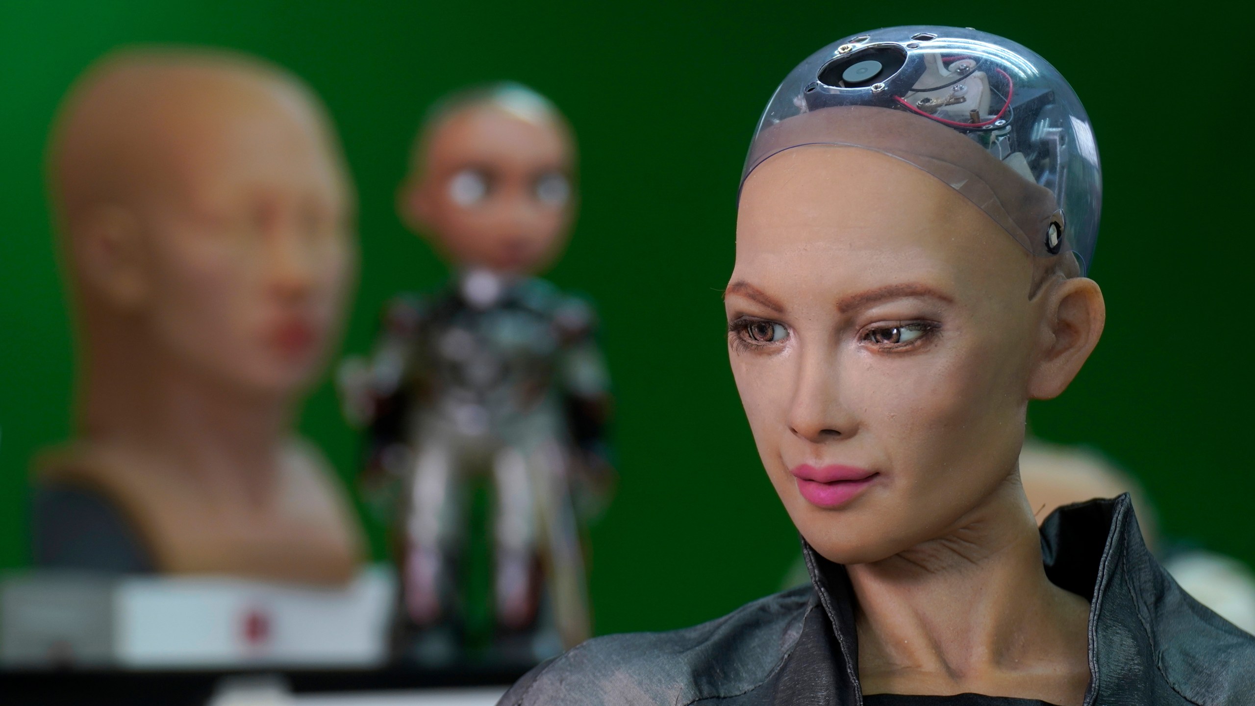 The close-up of the head of Sophia is seen at Hanson Robotics studio in Hong Kong on March 29, 2021. (AP Photo/Vincent Yu)