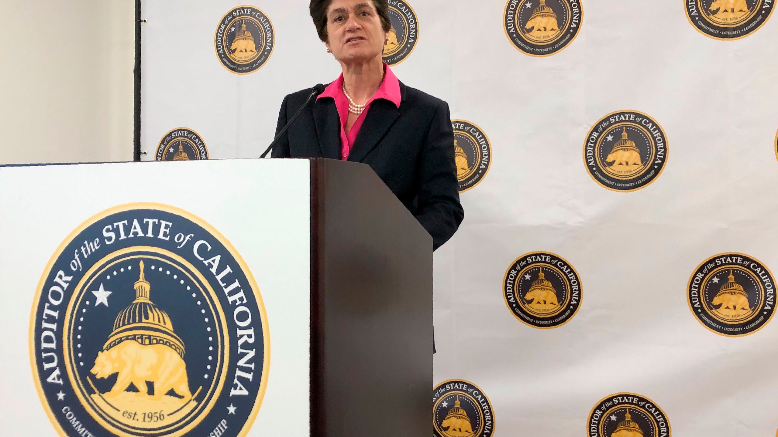 In this Oct. 24, 2019, file photo, California State Auditor Elaine Howle speaks during a news conference in Sacramento, Calif. (AP Photo/Adam Beam, File)