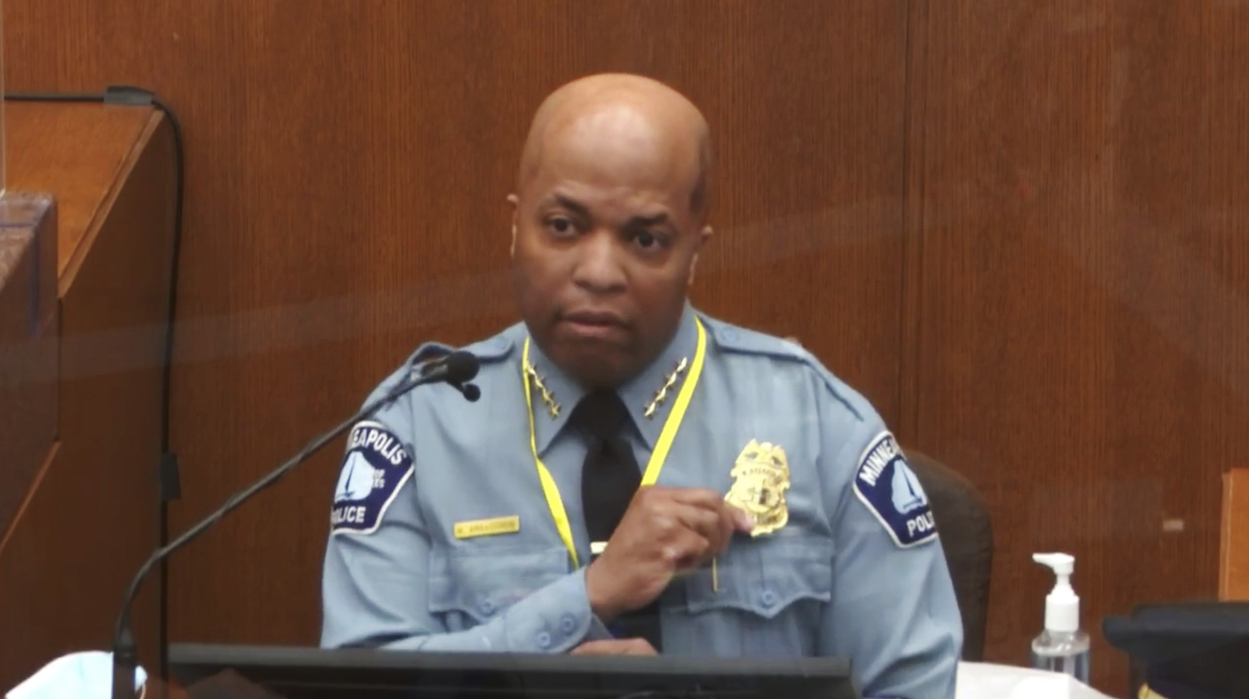 In this image from video, witness Minneapolis Police Chief Medaria Arradondo testifies as Hennepin County Judge Peter Cahill presides Monday, April 5, 2021, in the trial of former Minneapolis police Officer Derek Chauvin at the Hennepin County Courthouse in Minneapolis. Chauvin is charged in the May 25, 2020 death of George Floyd. (Court TV via AP, Pool)