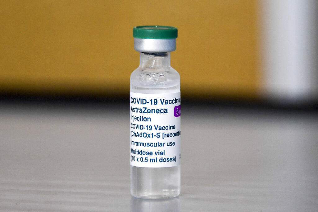 In this Sunday, March 21, 2021 file photo, a vial of of the AstraZeneca COVID-19 vaccine at the Guru Nanak Gurdwara Sikh temple, on the day the first Vaisakhi Vaccine Clinic is launched, in Luton, England. (AP Photo/Alberto Pezzali, File)