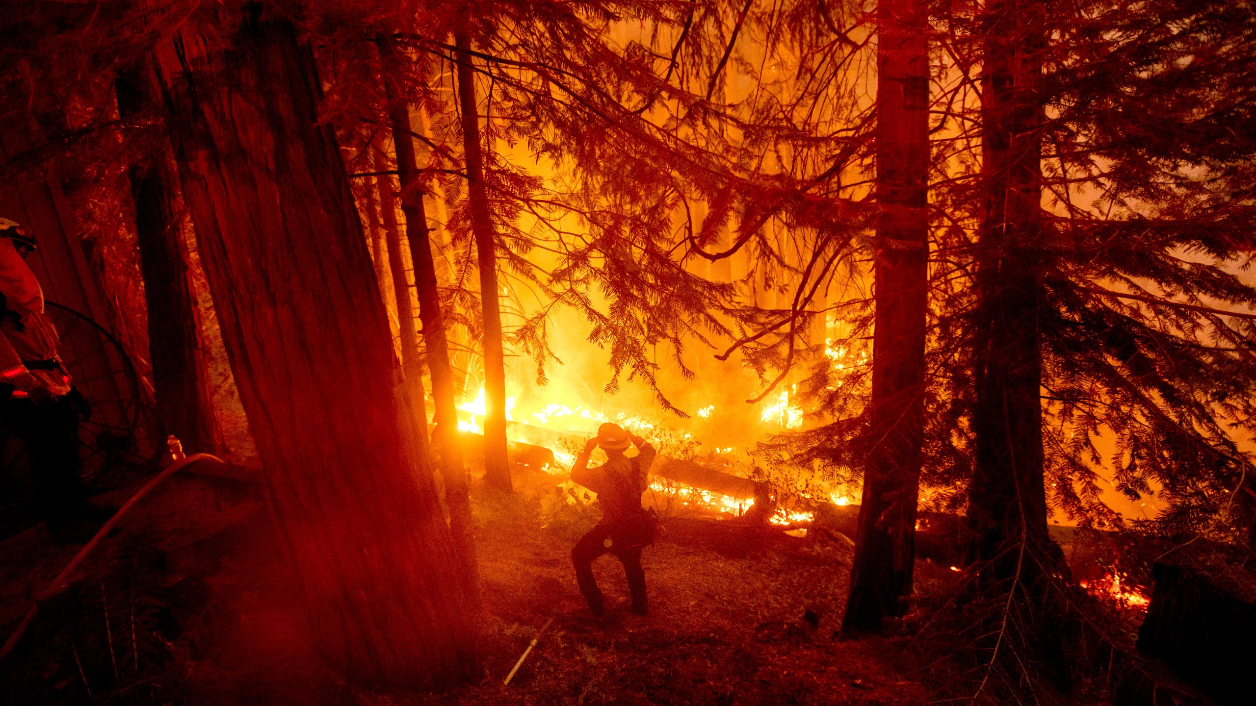 In this Sept. 7, 2020, file photo, a firefighter battles the Creek Fire in the Shaver Lake community of Fresno County, Calif. California will authorize $536 million for wildfire mitigation and forest management projects before the worst of the fire season strikes later this year, Gov. Gavin Newsom and legislative leaders said Thursday, April 8, 2021. (AP Photo/Noah Berger, File)