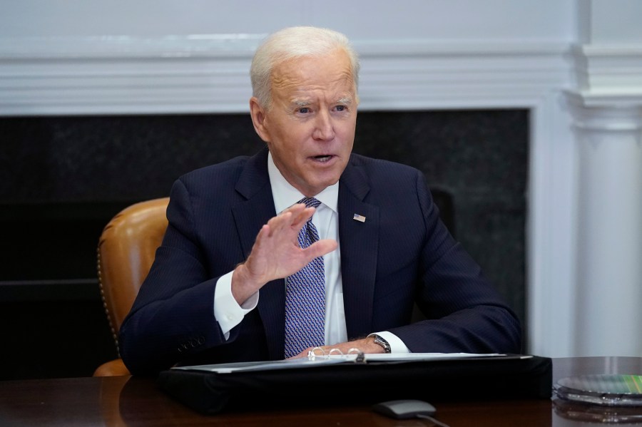 President Joe Biden participates virtually in the CEO Summit on Semiconductor and Supply Chain Resilience in the Roosevelt Room of the White House, Monday, April 12, 2021, in Washington. (AP Photo/Patrick Semansky)