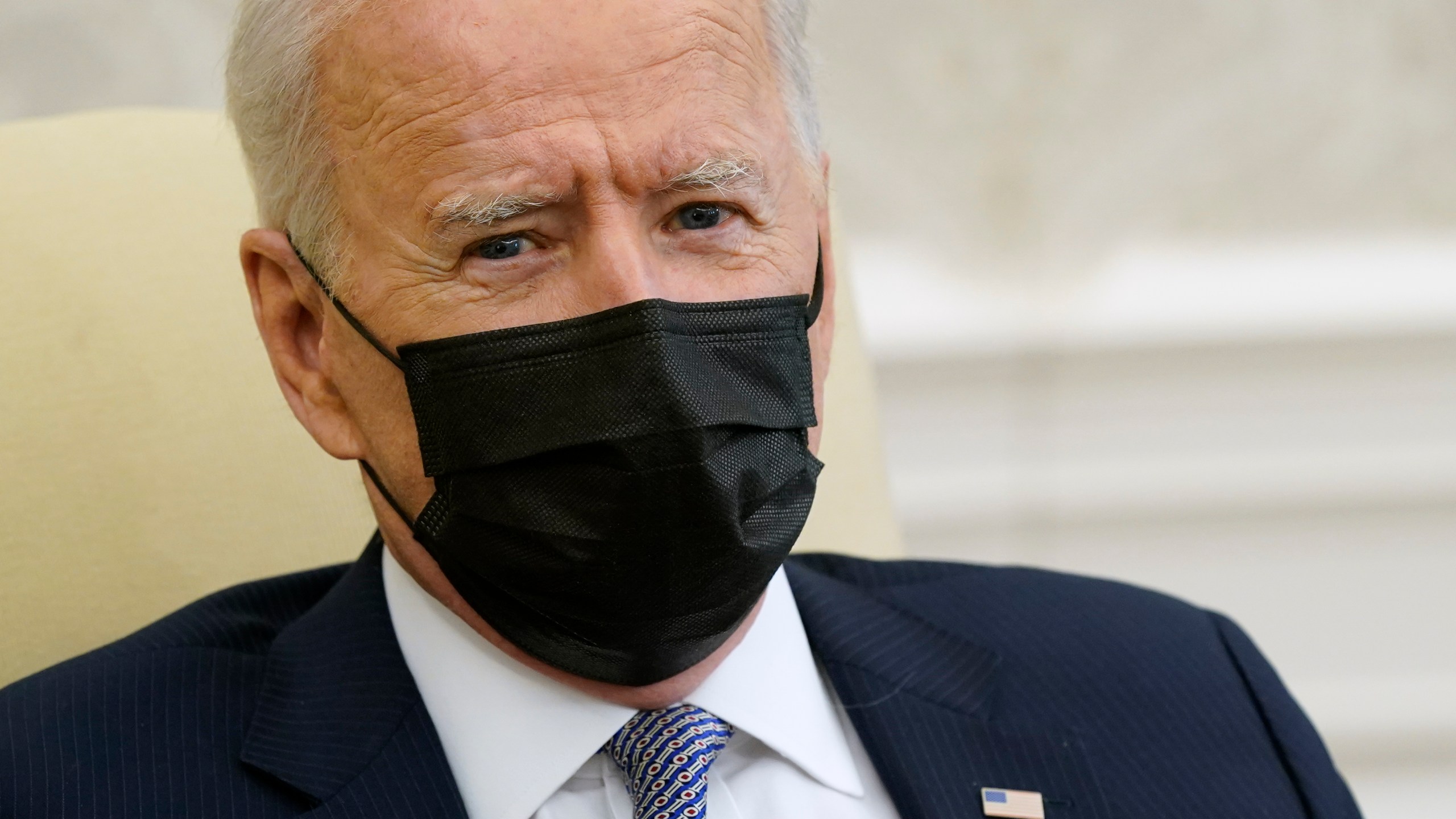 President Joe Biden speaks during a meeting with lawmakers to discuss the American Jobs Plan in the Oval Office of the White House, Monday, April 12, 2021, in Washington. (AP Photo/Patrick Semansky)