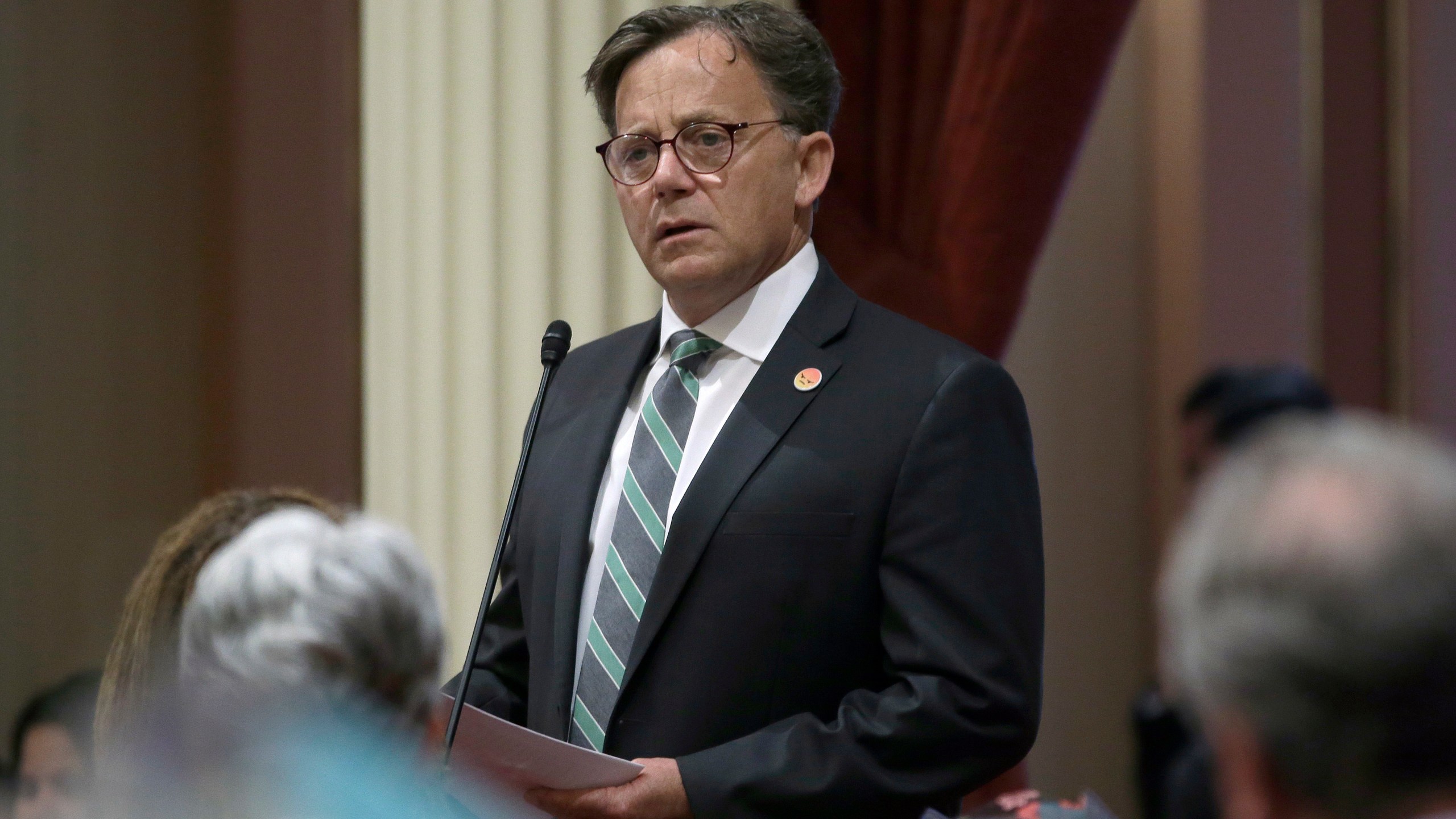 California state Sen. Josh Newman, D-Fullerton, discusses the recall election against him during a Senate session in Sacramento on June 11, 2018. Newman was recalled in 2018 before winning re-election in 2020. (Rich Pedroncelli / Associated Press)