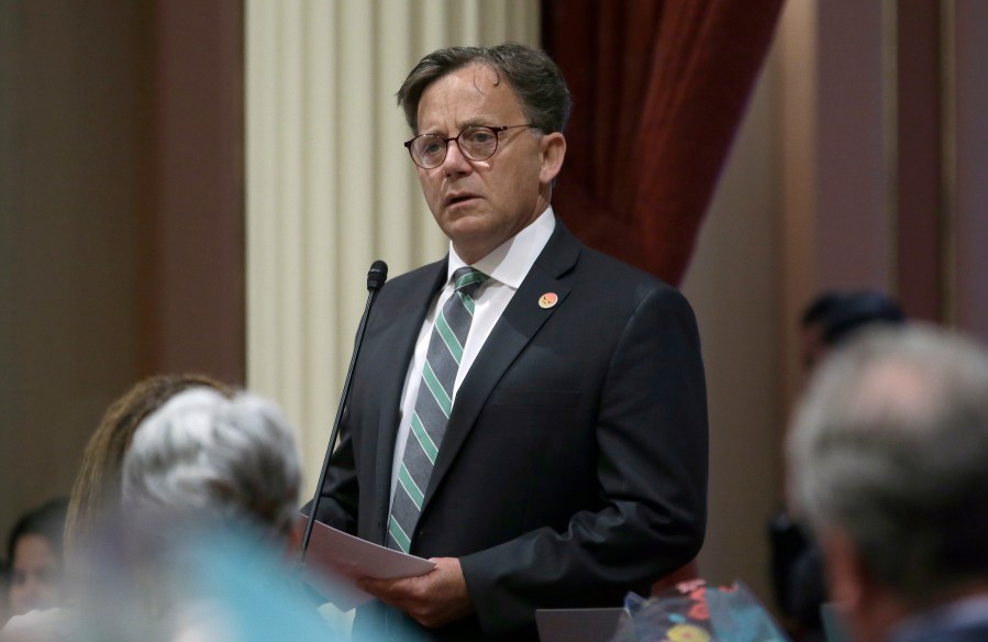 In this June 11, 2018, file photo, state Sen. Josh Newman, D-Fullerton, discusses the recall election against him, during a Senate session in Sacramento, Calif. Newman was recalled in 2018 before winning re-election in 2020. He presented new legislation on Monday, April 12, 2021, that would allow politicians facing recalls to see who signs the petitions against them. (AP Photo/Rich Pedroncelli, File)