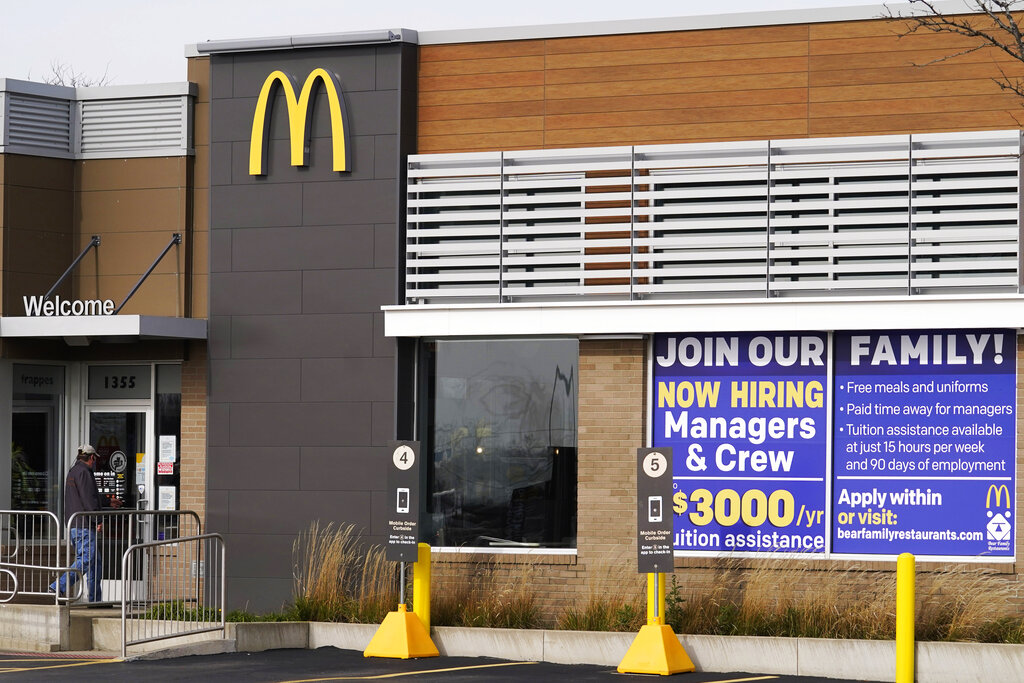 In this Nov. 19, 2020, file photo, a hiring sign is displayed outside of McDonald's in Buffalo Grove, Ill. (AP Photo/Nam Y. Huh, File)