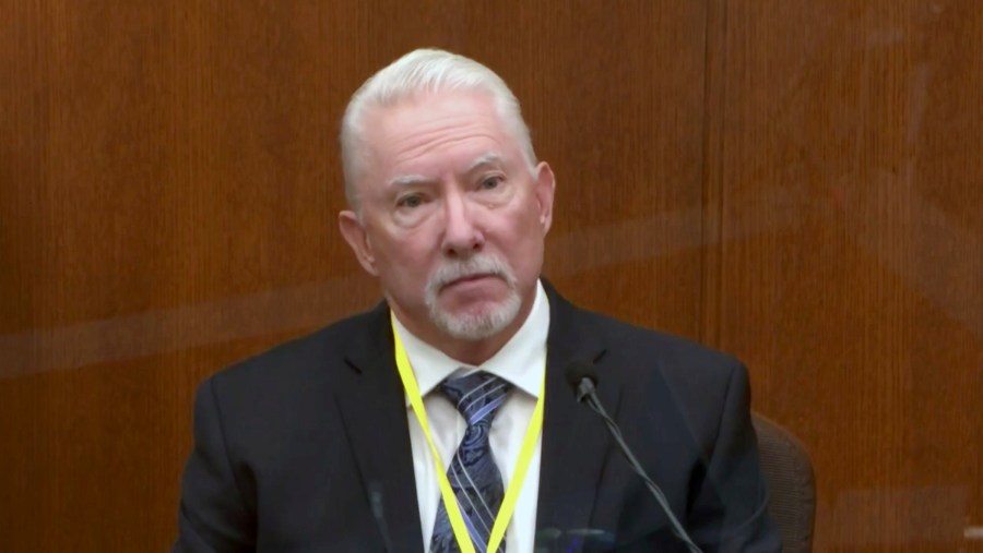 In this image from video, Barry Brodd, a use of force expert testifies as Hennepin County Judge Peter Cahill presides, Tuesday, April 13, 2021, in the trial of former Minneapolis police Officer Derek Chauvin at the Hennepin County Courthouse in Minneapolis, Minn. Chauvin is charged in the May 25, 2020 death of George Floyd. (Court TV via AP, Pool)