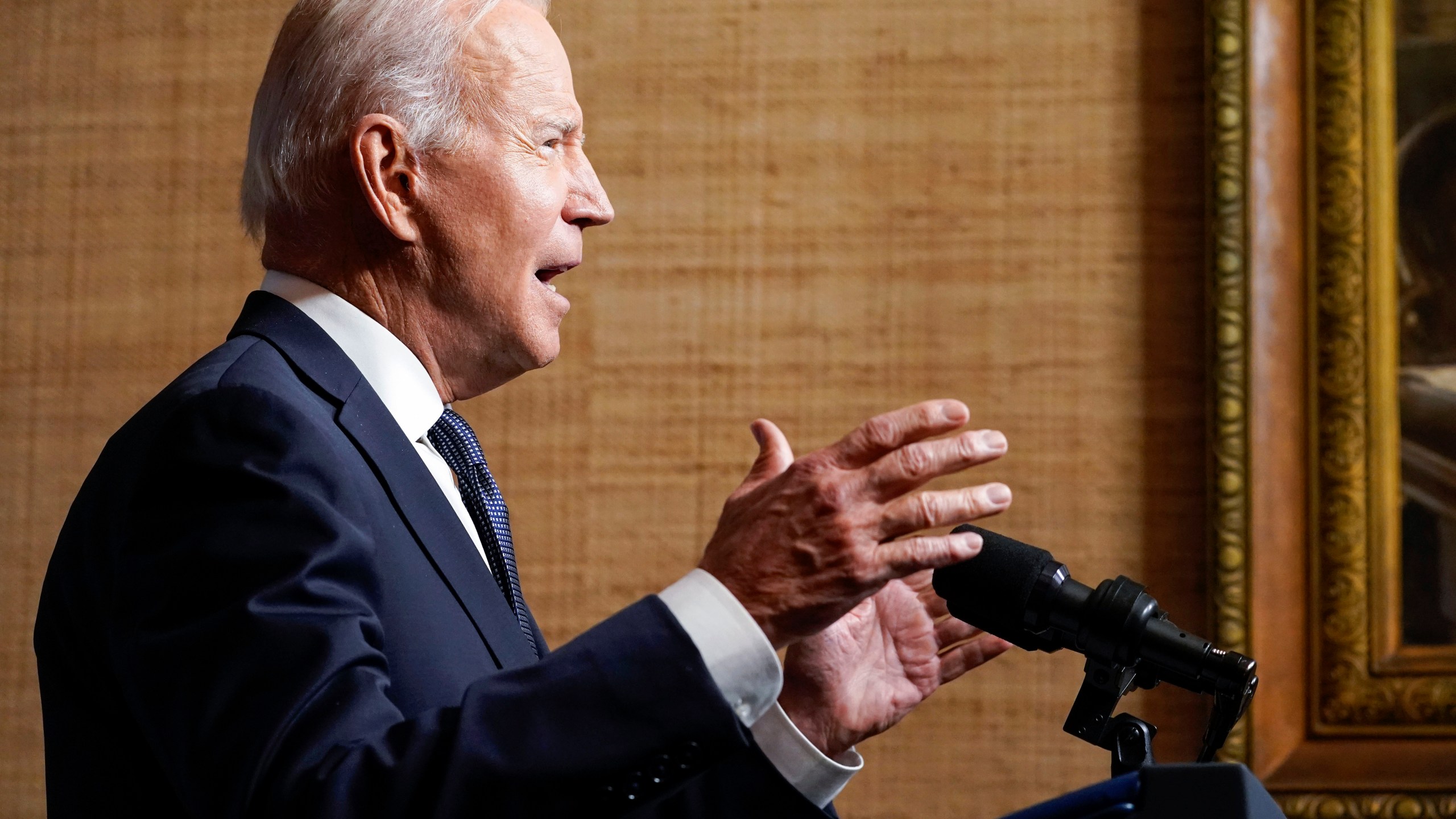 President Joe Biden speaks from the Treaty Room in the White House on Wednesday, April 14, 2021, about the withdrawal of the remainder of U.S. troops from Afghanistan. (AP Photo/Andrew Harnik, Pool)