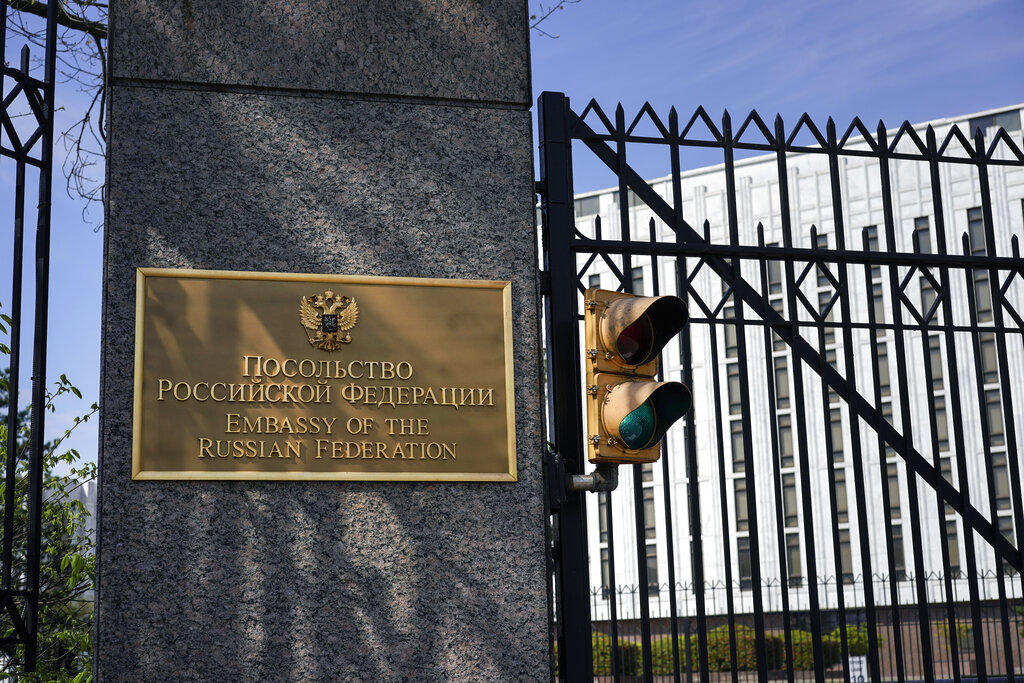 The entrance gate of the Embassy of the Russian Federation is seen in Washington, Thursday, April 15, 2021. (AP Photo/Carolyn Kaster)