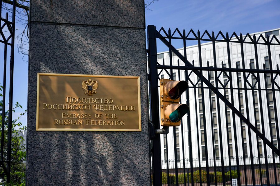 The entrance gate of the Embassy of the Russian Federation is seen in Washington, Thursday, April 15, 2021. (AP Photo/Carolyn Kaster)