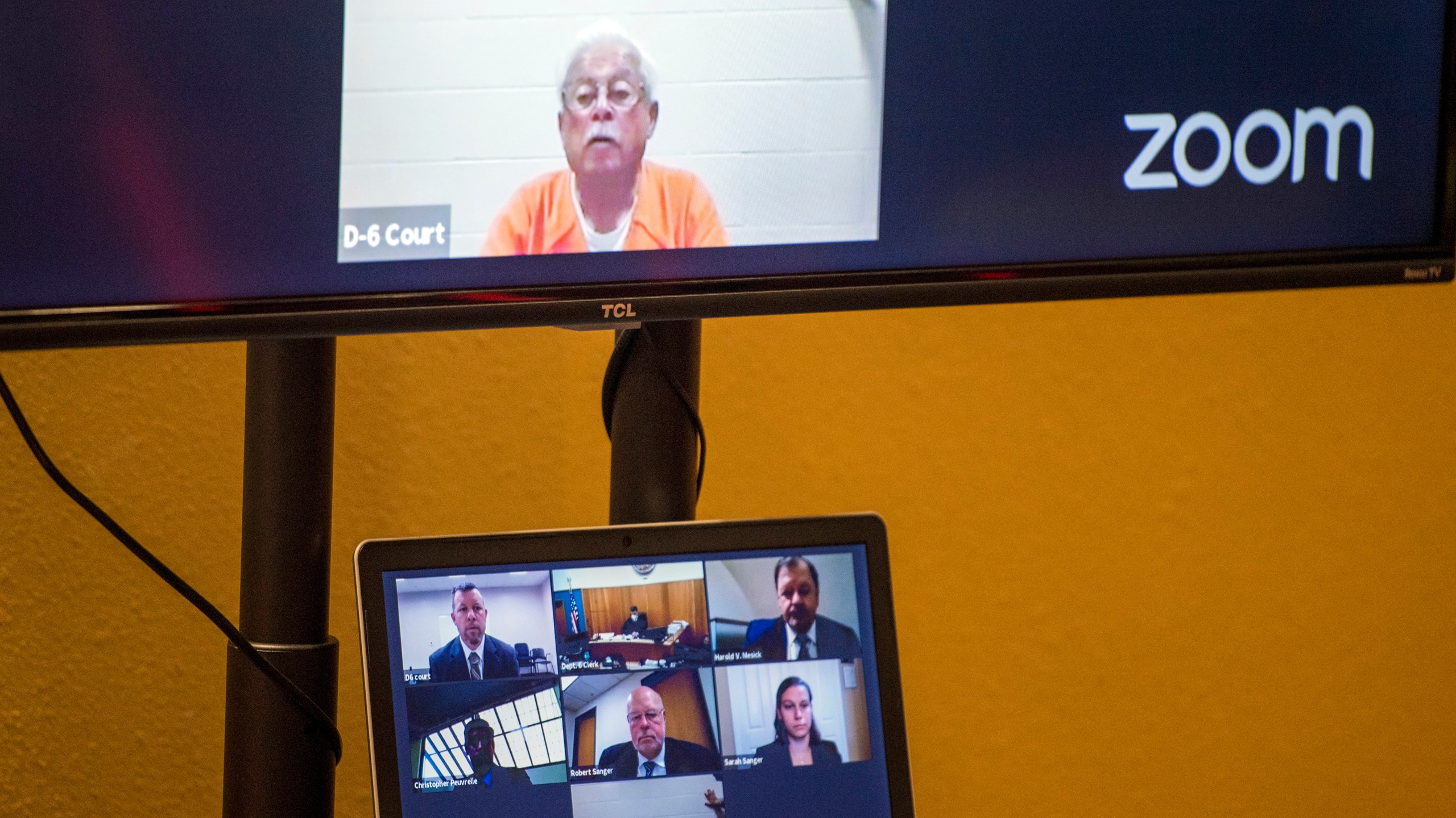 Defendant Ruben Flores appears via video conference during his arraignment, Thursday, April 15, 2021, in San Luis Obispo Superior Court in San Luis Obispo. (AP Photo/Nic Coury)