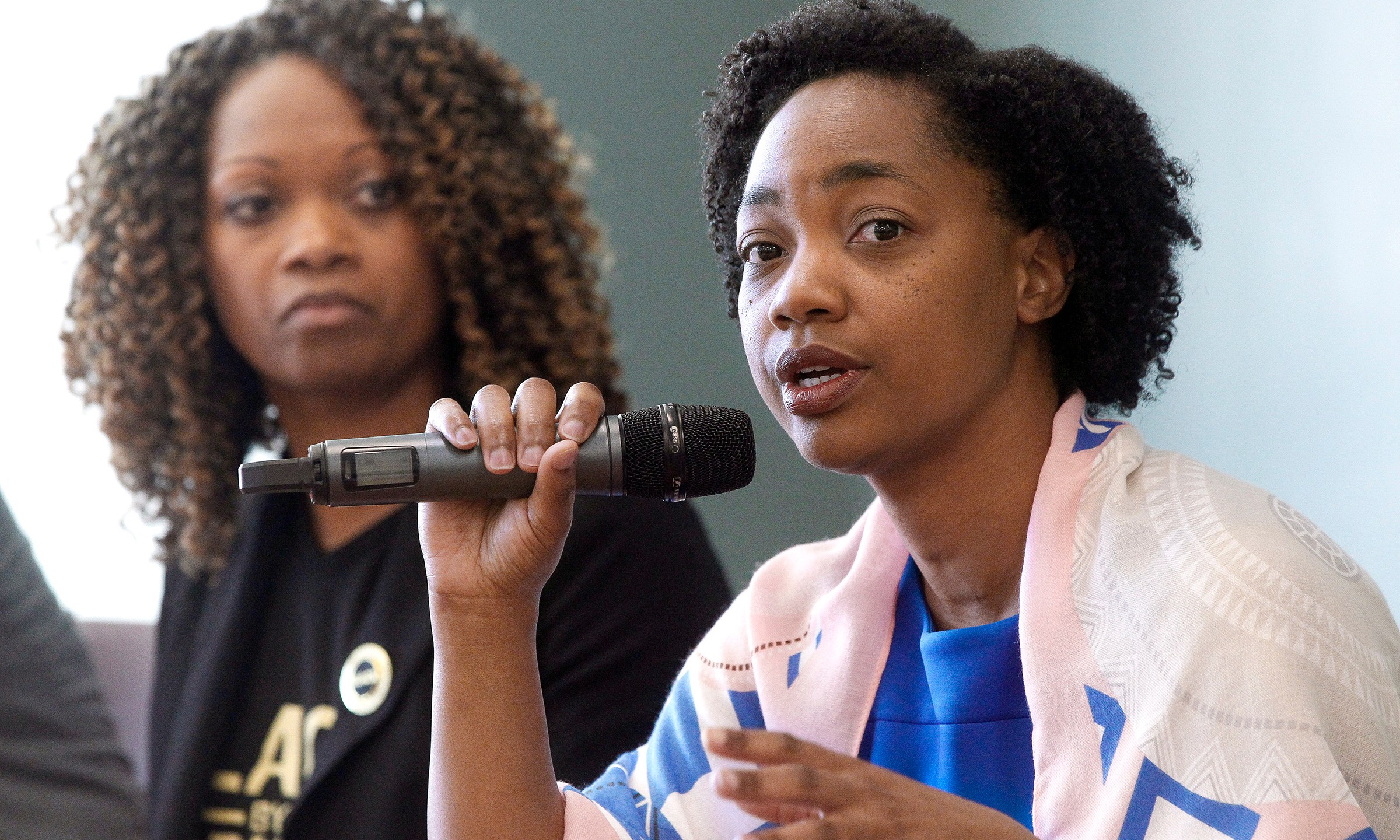 In this Feb. 23, 2019 file photo La Mesa City Council member Akilah Weber speaks as she sits with other members of the panel during the Black Excellence in Public Service: Serving and Protecting Our Children forum held at the Skyline Hills Branch Library in San Diego. (Hayne Palmour IV/The San Diego Union-Tribune via Associated Press)