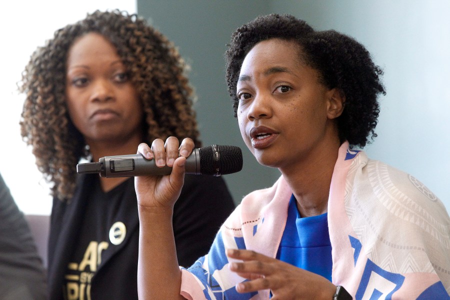 In this Feb. 23, 2019 file photo La Mesa City Council member Akilah Weber speaks as she sits with other members of the panel during the Black Excellence in Public Service: Serving and Protecting Our Children forum held at the Skyline Hills Branch Library in San Diego. (Hayne Palmour IV/The San Diego Union-Tribune via Associated Press)