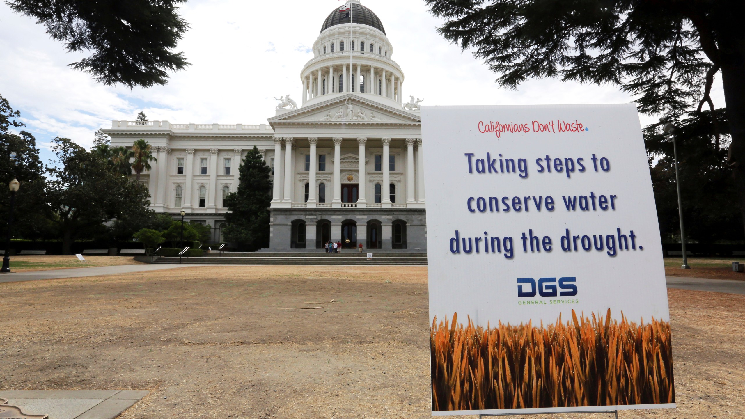 In this July 8, 2014, file photo, is a sign alerting visitors to water conservation efforts at the state Capitol in Sacramento. On April 21, 2021, Calif. Gov. Gavin Newsom declared an emergency executive order in two Northern California counties in response to drought conditions affecting much of the state. The announcement affects Mendocino and Sonoma counties, where Newsom said drought conditions are especially bad. (AP Photo/Rich Pedroncelli, File)