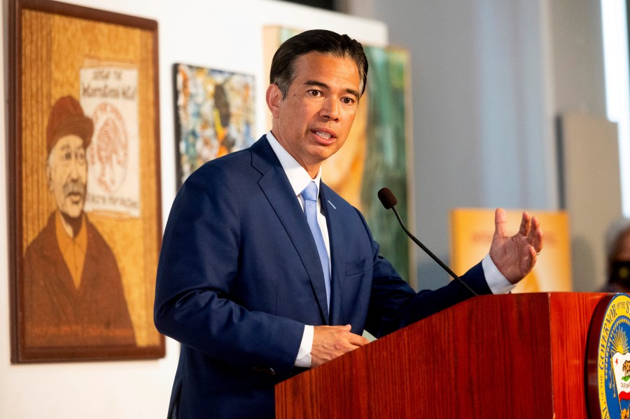 California Assemblyman Rob Bonta speaks during a news conference shortly after Gov. Gavin Newsom announced his nomination for state's attorney general in San Francisco on March 24, 2021. (Noah Berger / Associated Press)