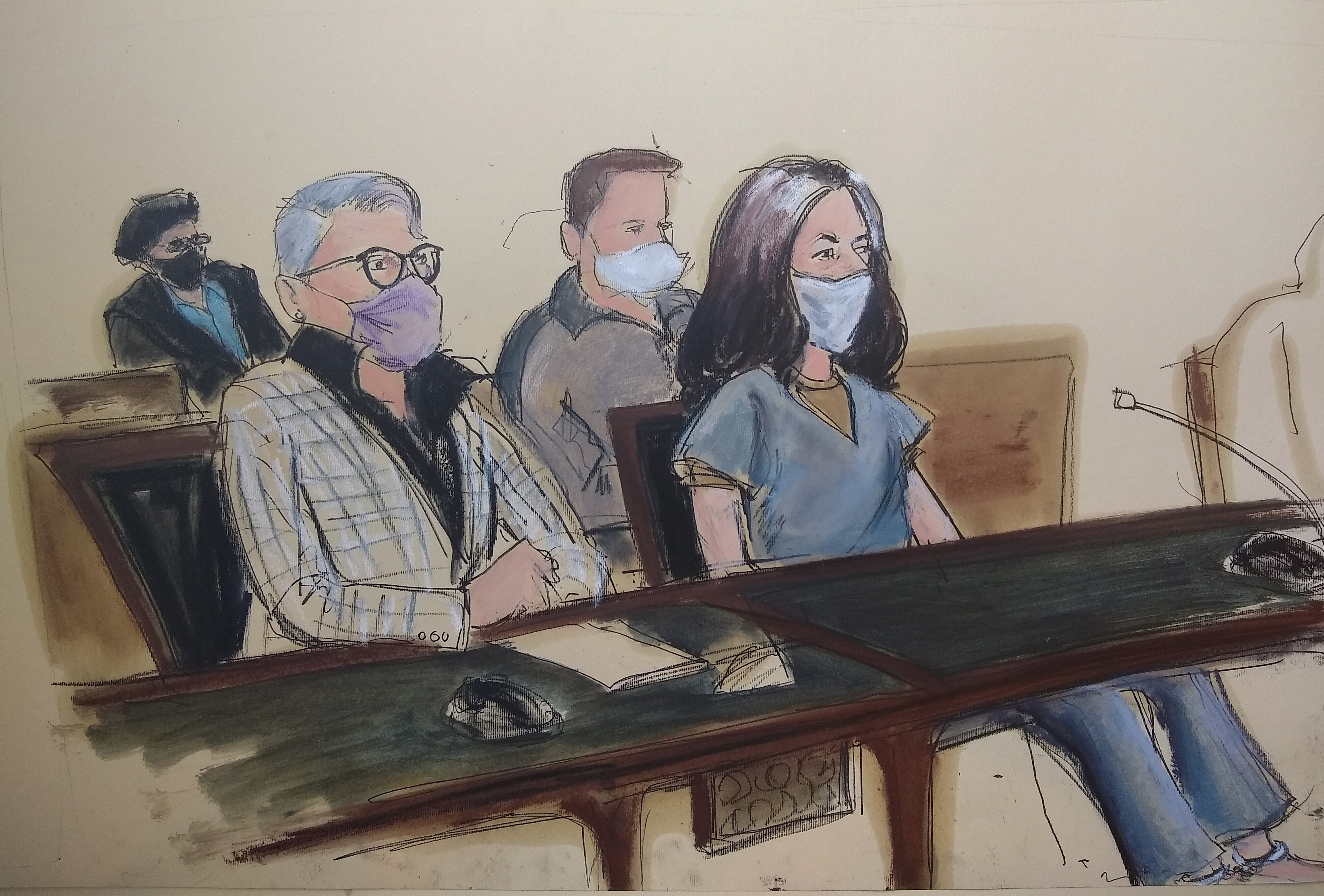 In this courtroom sketch, Ghislaine Maxwell, far right, appears in Manhattan Federal court seated next to her attorney Bobbi C. Sternheim, second from left, along with her sister Isabel Maxwell, far left, during her arraignment on a superseding indictment on April 23, 2021, in New York. (AP Photo/Elizabeth Williams)