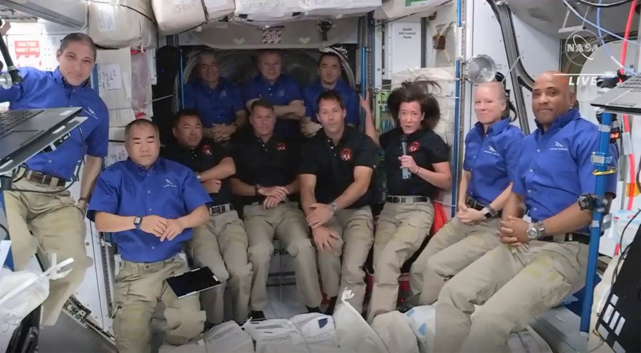 This image provided by NASA, astronauts from SpaceX join the astronauts of the International Space Station for an interview on Saturday, April 24, 2021. (NASA via AP)