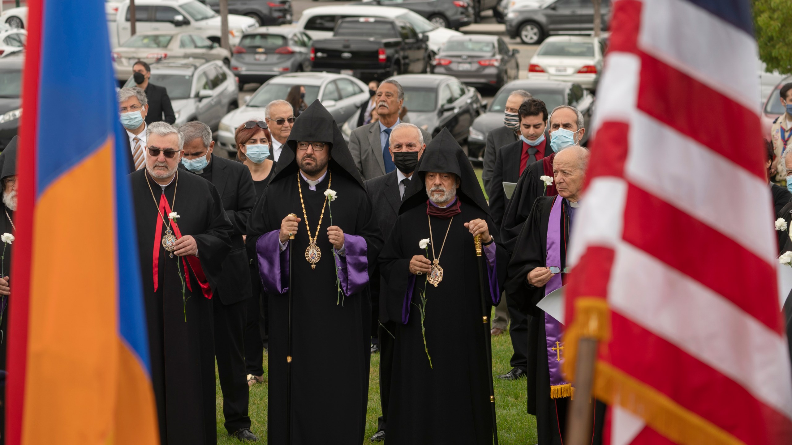 Religious leaders and others attend a ceremony remembering the victims of the Armenian Genocide at the Montebello Armenian Genocide Monument in Montebello, Calif., Saturday, April 24, 2021. The United States is formally recognizing that the systematic killing and deportation of hundreds of thousands of Armenians by Ottoman Empire forces in the early 20th century was "genocide" as President Joe Biden used that precise word that the White House has avoided for decades for fear of alienating ally Turkey. (AP Photo/Damian Dovarganes)