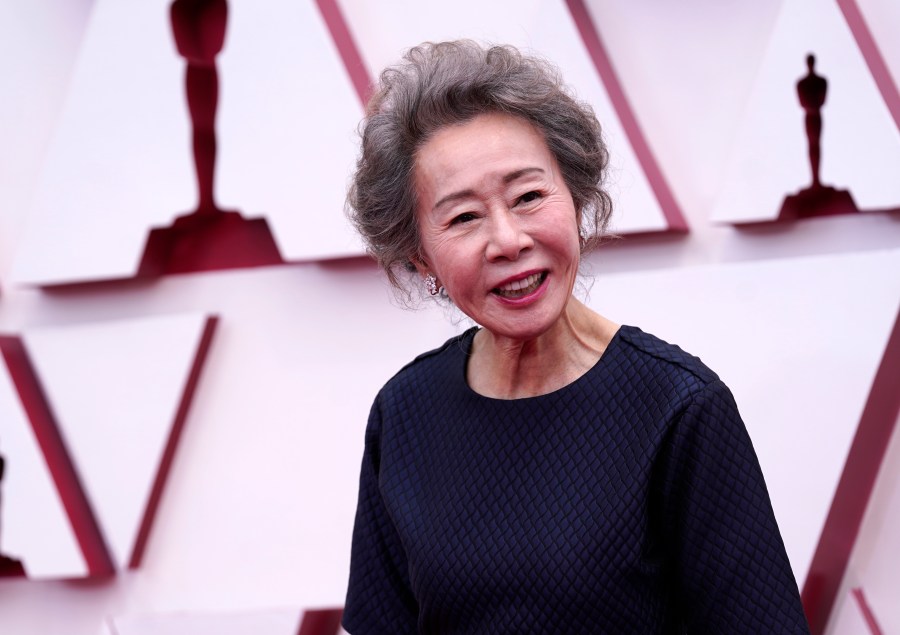 Youn Yuh-jung arrives at the Oscars on Sunday, April 25, 2021, at Union Station in Los Angeles. (AP Photo/Chris Pizzello, Pool)