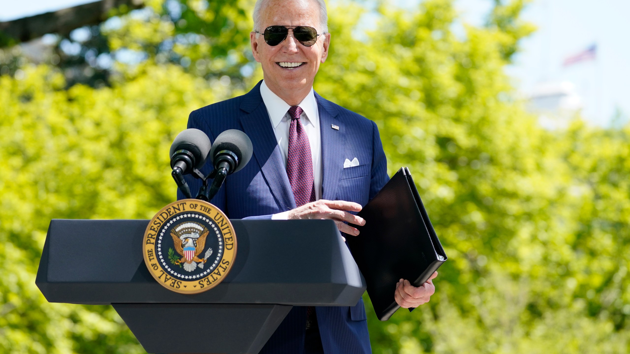 President Joe Biden responds to a question from reporters about COVID-19, on the North Lawn of the White House on April 27, 2021, in Washington. (AP Photo/Evan Vucci)