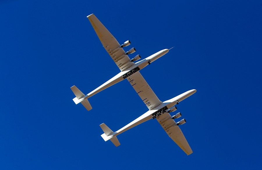 Thursday, April 29, 2021in Mojave, Calif. The gigantic aircraft flew for the second time in two years. (AP Photo/Matt Hartman)