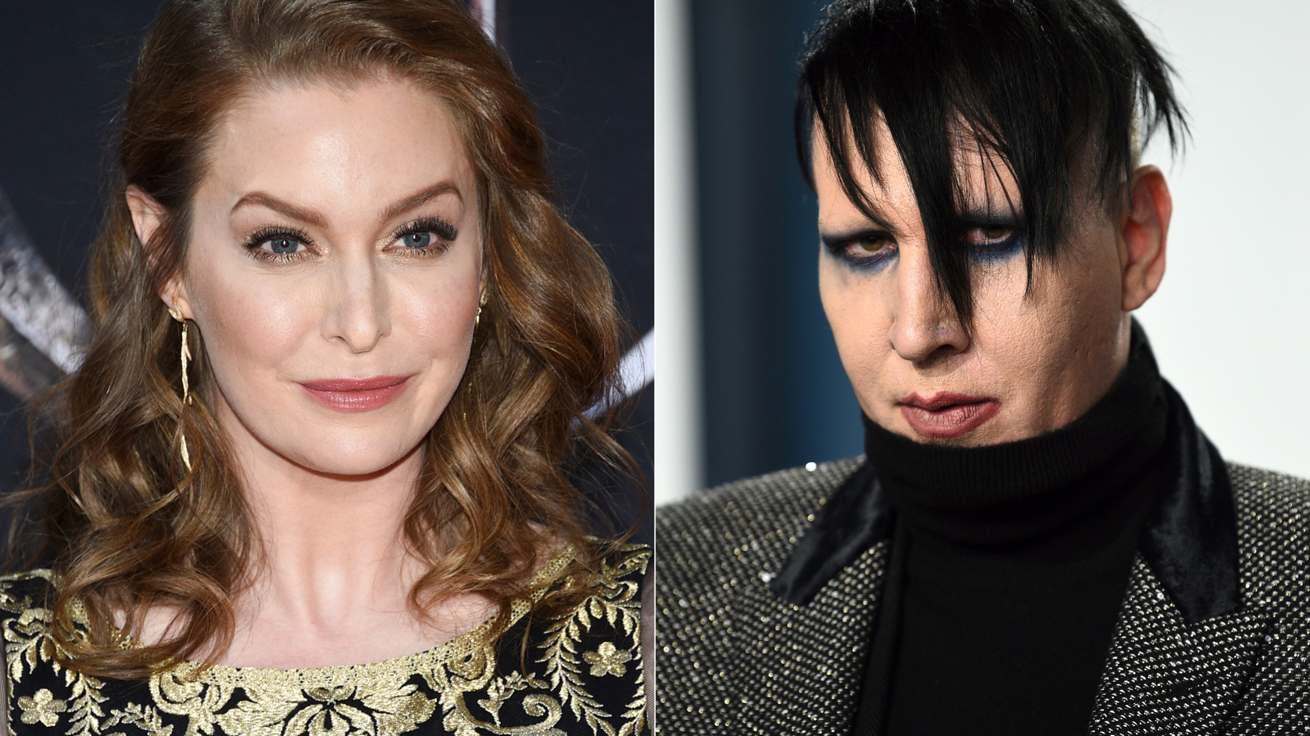 In this combination photo, actress Esmé Bianco appears at HBO's "Game of Thrones" final season premiere in New York on April 3, 2019, left, and musician Marilyn Manson appears at the Vanity Fair Oscar Party in Beverly Hills, Calif. on Feb. 9, 2020. (Photos by Evan Agostini/Invision/AP)