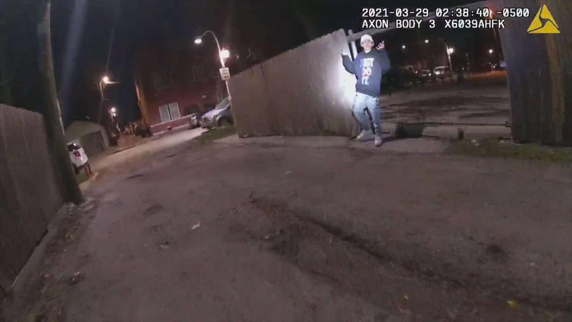 A still from bodycam video released by the city of Chicago shows the moment before the March 29, 2021, fatal shooting of 13-year-old Adam Toledo.