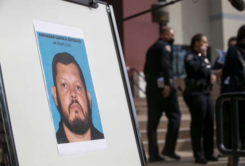 Aminadab Gaxiola Gonzalez photo is displayed during a news conference on April 1, 2021. (Allen J. Schaben / Los Angeles Times)