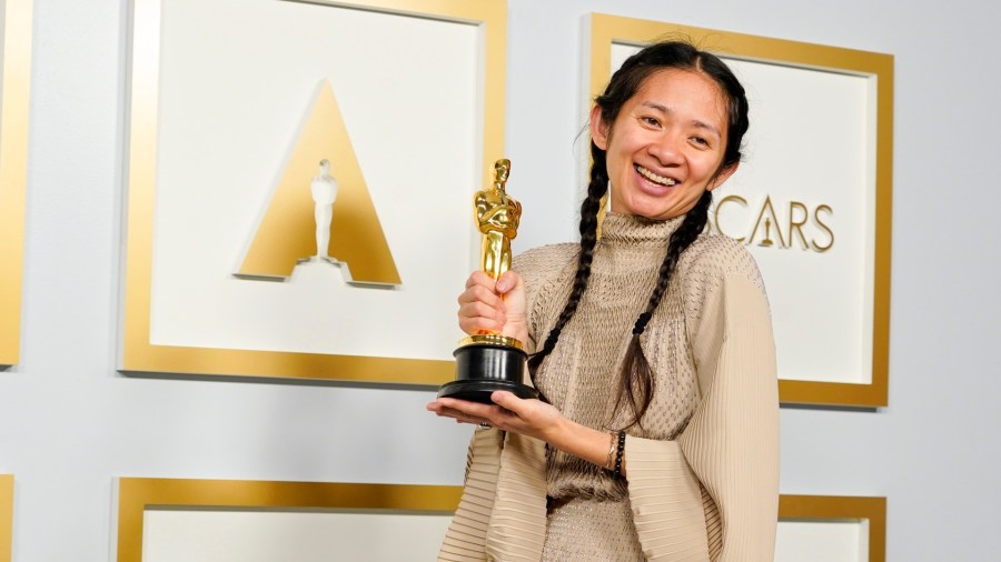 Director/Producer Chloe Zhao, winner of Best Picture for "Nomadland," poses in the press room at the Oscars on Sunday, April 25, 2021, at Union Station in Los Angeles. (Chris Pizzello-Pool/Getty Images)