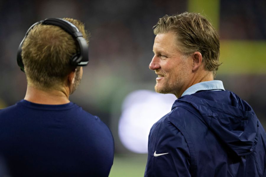 Head Coach Sean McVay and GM Les Snead of the Los Angeles Rams talk during a game against the Houston Texans during week four of the preseason at NRG Stadium on August 29, 2019 in Houston, Texas. (Wesley Hitt/Getty Images)