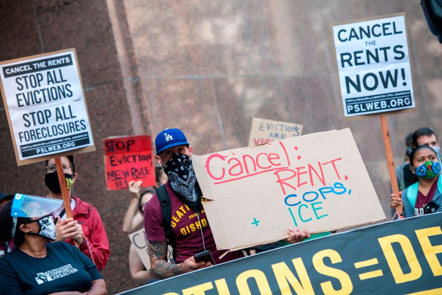 Renters and housing advocates attend a protest to cancel rent and avoid evictions in front of the court house amid Coronavirus pandemic on Aug. 21, 2020, in Los Angeles. (VALERIE MACON/AFP via Getty Images)