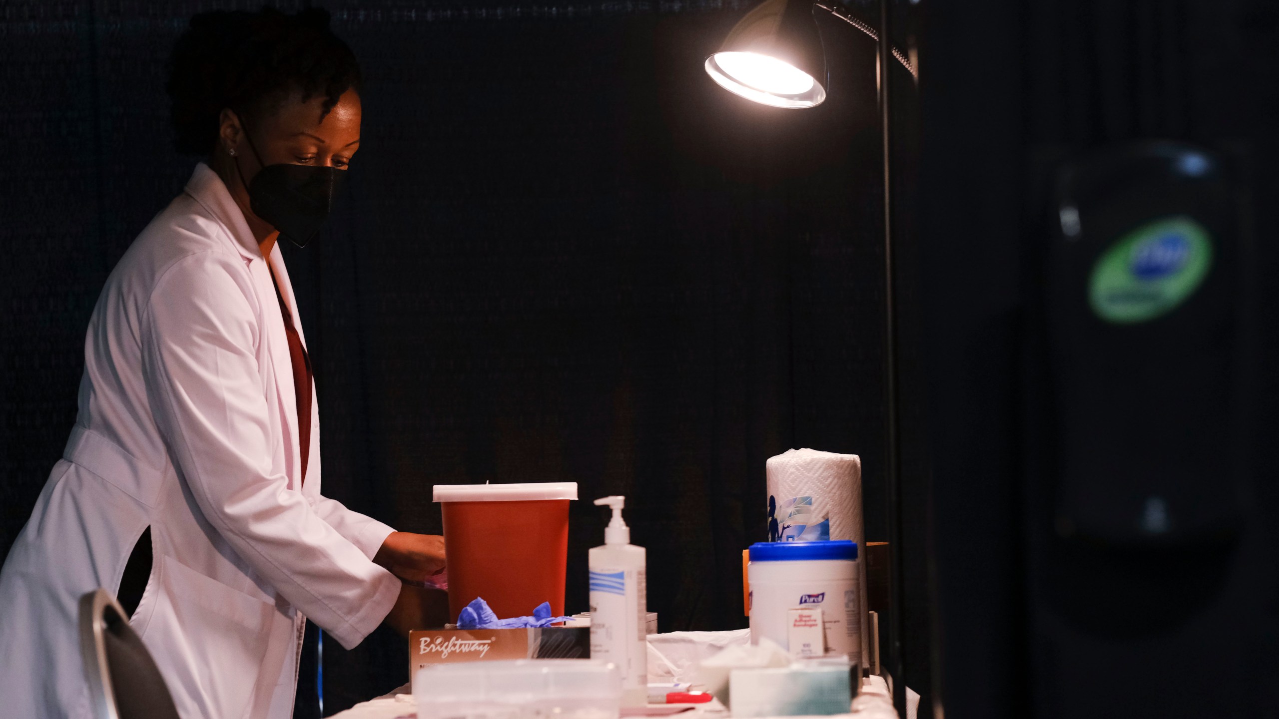 A vaccine station is prepared for Michigan Governor Gretchen Whitmer and a group of "COVID-19 Student Ambassadors" to receive a dose of the Pfizer Covid vaccine at Ford Field on April 6, 2021 in Detroit, Michigan. (Matthew Hatcher/Getty Images)